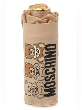 Moschino NWT Beige Teddy Bear Toy Print Mini Compact Umbrella